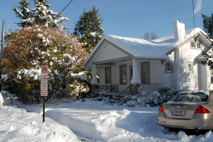 View from the front - fringe tree and car - look at snow piled atop the chimney - 788